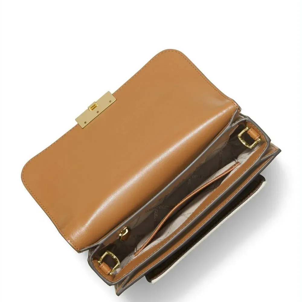New! MICHAEL KORS Sloan Editor Leather Canvas Crossbody Bag NWT Natural/Acorn